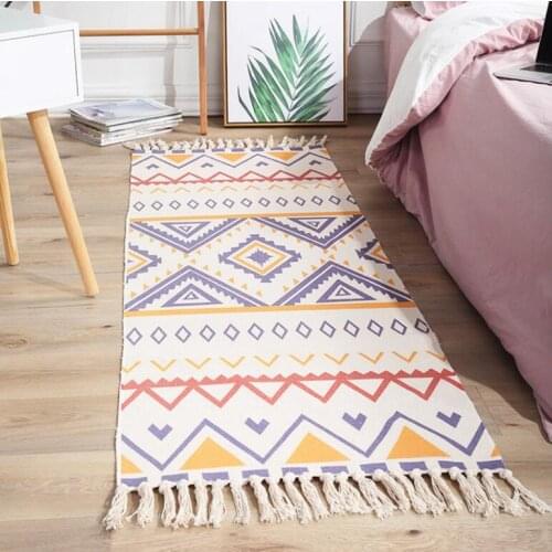 Retro Geometric Hand Woven Cotton Linen Carpet With Tassel Door Bedroom Tapestry Decorative Blanket Living Room Carpet Area Rug