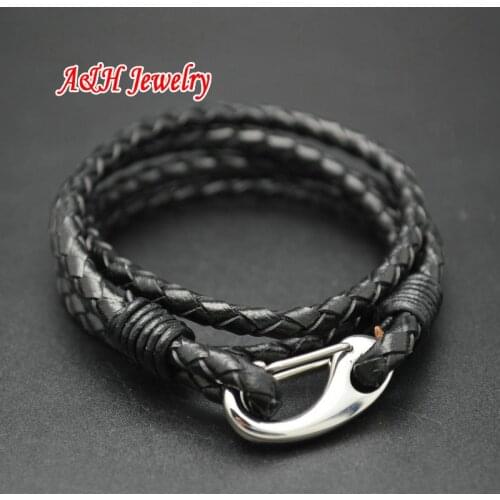 Supper High Quality 316L Stainless Steel Press Lobster Clasp Multi-layers Leather Bracelets Fashion Unisex Bangles 10pc/lot