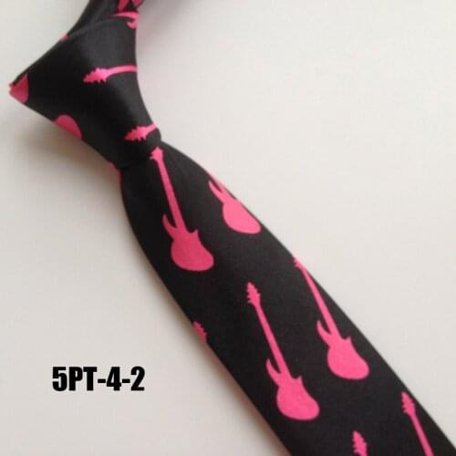 5cm Men Popular Casual Ties Fashion Satin Rayon Necktie Black with Red Unique Guitar