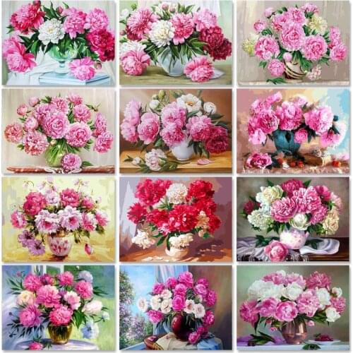 SDOYUNO 40x50cm Oil Paint By Numbers Pink Flowers DIY Set of Acrylic Paint For Painting By Numbers On Canvas Scenery Home Decor