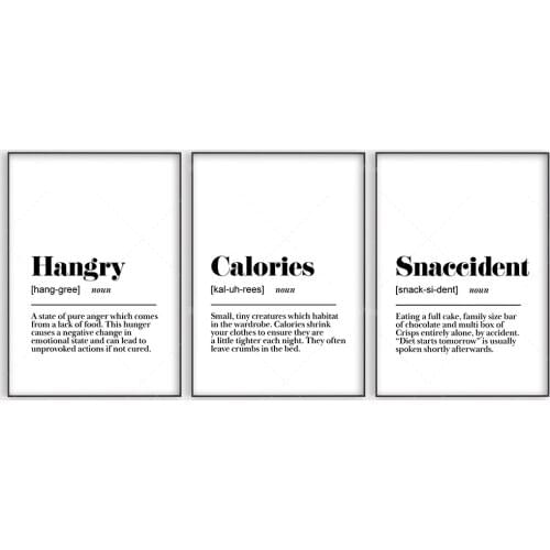 Ensemble de 3 impressions de cuisine Art mural, impressions de définition de salle à manger de cuisine, hangry, snaccident, calo