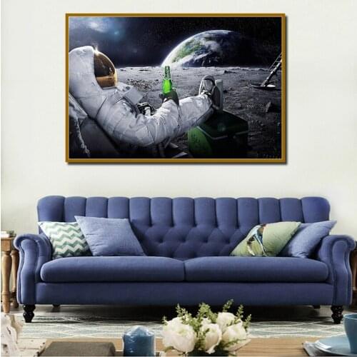 Wall Art HD Printed Canvas Painting Beers Outer Space Earth Astronauts Moon Cuadros Poster Prints Wall Pictures for Home Decor