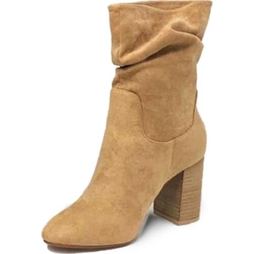 Kadınlar leopar orta buzağı çizmeler kadın pilili süet kare yüksek topuk sonbahar kış kadın ayakkabı 2020 bayanlar rahat ayakkab