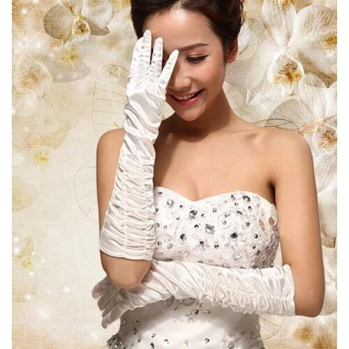 Womens elastic five fingers pleated gloves ladys satin long gloves female 40cm long white gloves 8 colors