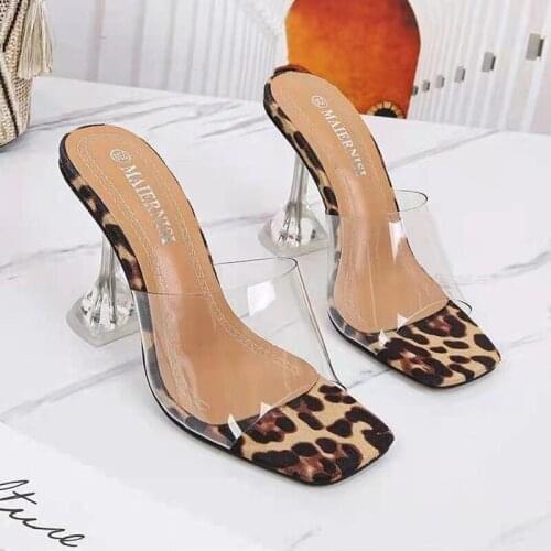 High-heeled Sandals Large Size Summer Leopard Print Transparent Belt Fashion Wine Glass Heels Square Toe Open-toed Women Sandals