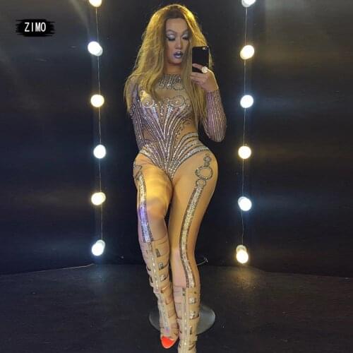 Silver Rhinestone Jumpsuit Sparkly Crystals Stretch Leotard Sexy Nightclub Bar Women Singer Stage Outfit DJ Costumes drag queen