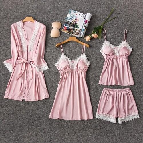 Silk Pajamas For Women Sexy Lace Trimmed Nightwear Satin Pajamas With Shorts 4-Piece Sleepwear Suits Casual Home Clothes