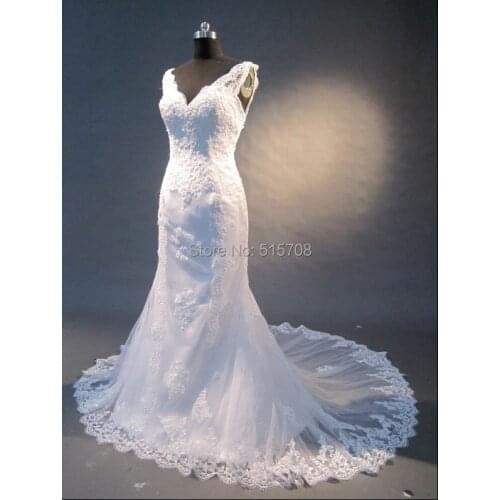 Real Photo Wedding Dresses Deep V Neck Backless Court Train Lace Applique Sheath Church Garden Beach Bridal Dress