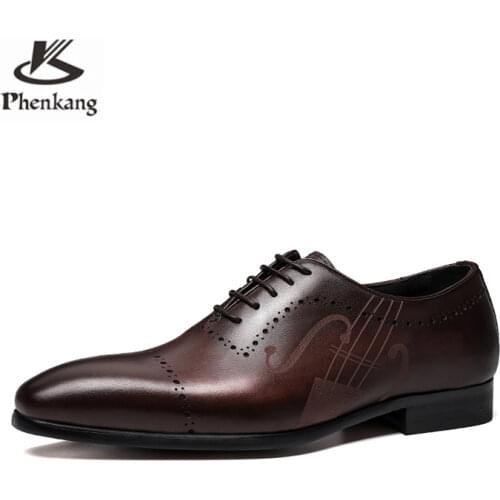 Men leather shoes business dress suit shoes men brand Bullock genuine leather black laces wedding mens shoes Phenkang 2020