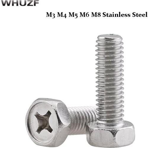 External Hexagon Head Screw 304 Stainless Steel Cross Groove Recess External Hexagon Bolt M3 M4 M5 M6 M8 Screw 5PCS