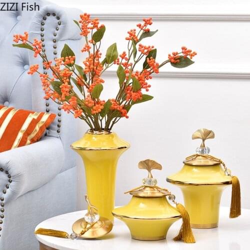 Yellow Gold-plated Ceramic Vase Ginkgo Biloba Copper Cover Flower Arrangement Desktop Decoration Vases Modern Floral Home Decor