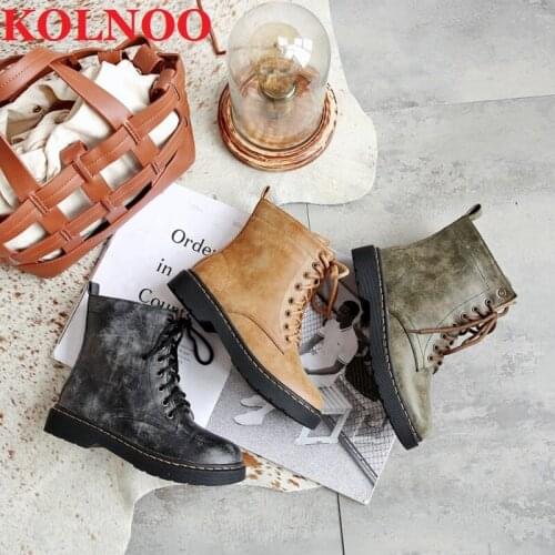 Kolnoo New 2022 Retro Style Womens Flats Boots Handmade Cross Lace-Up Work Safety Ankle Boots Britsh Fashion Winter Short Shoes