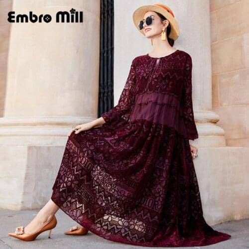 New Autumn High-End Vintage Luxury O-Neck Long Sleeve Loose Wine Red Splicing Velvet Jacquard Lady Dress M-XXL