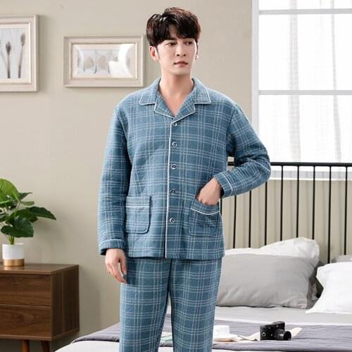 Winter Keep Warm Thin Quilted Pajama Sets for Men Long Sleeve Air Cotton Interlayer Sleepwear Loungewear Homewear Home Clothes