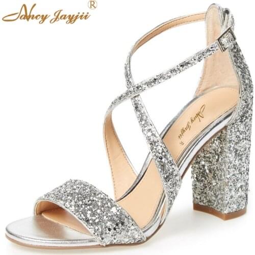 Gold Glitter Sandals Silver Bling Wedding Holidays Shoes Woman Cross Straps Big Size 33 45 High Heeled Chunky Summer Party Beach