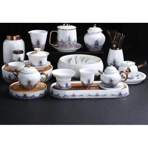 Court Style Gold Silk Enamel Large Sancai Cover Bowl Saucer Tea Cup Pot Kettle Bearing White Porcelain Chinese Ceramic Tea Set