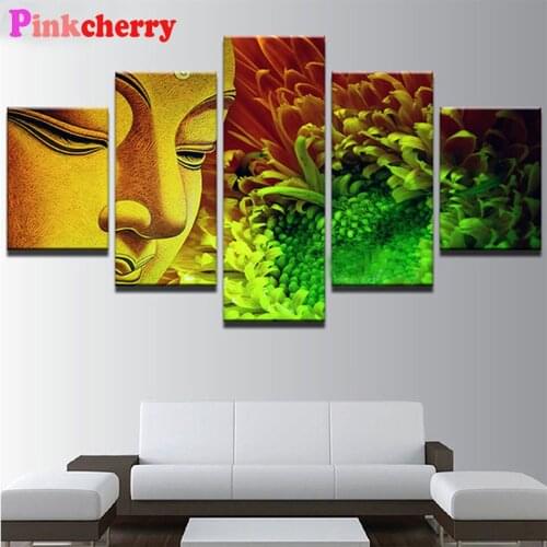 5 Piece Buddha statue Diamond Painting Full Square Round Diamant Painting Mosaic 3d Cross Stitch Diamond Pattern Green Flower
