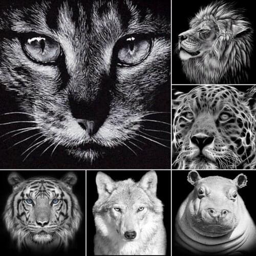 5D DIY Diamond Painting Black White Animal Face Lion Tiger Cat Kit Full Drill Embroidery Mosaic Art Picture Home Decoration Gift