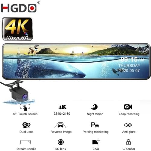 HGDO 4K Car DVR 2160P 12" Sony IMX415 Rear View Mirror Camera FHD 1080P Rear camera Dash Cam Video Recorder Registrar with Mount