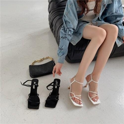 Fashion Women Sandals 2021 Summer Elegant Girl Dress Shoes Ankle Strap Thin High Heels Black White Sandals Slides Pumps Shoes