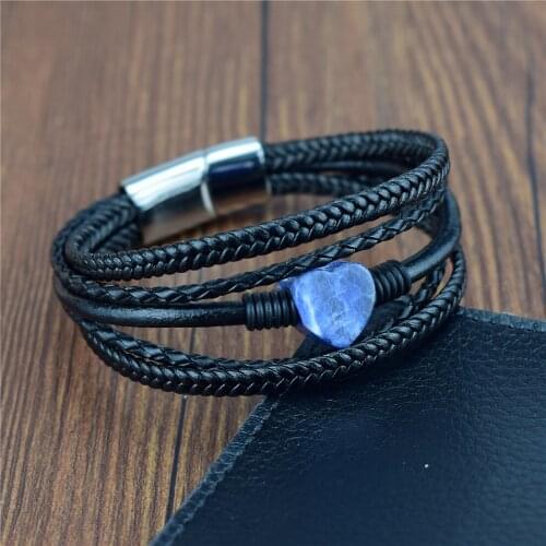 Genuine Leather Bracelet Men Women Multilayer Rope Natural Stone Heart Bracelets Stainless Steel Magnetic Clasp Bangle Jewelry
