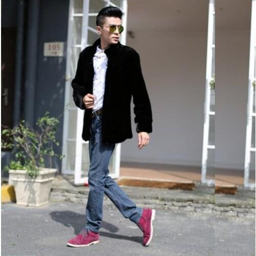 Black stand collar warm Faux Mink fur coat mens leather jacket men coats Villus autumn winter thermal outerwear british style