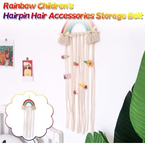 Wooden Stick Cotton Rope Wall Hanging Rainbow Hair Clip Holder Women Baby Hair Bow Holder Organizer Girls Room Accessories Rack