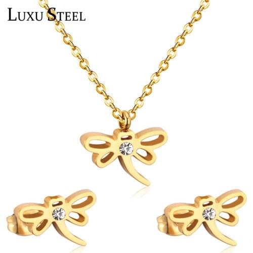 LUXUSTEEL stainless steel necklace set Earring Fashion Jewelry Brinco Party Gold Color dragonfly Pendant Necklace Female Friend