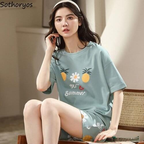 Summer Pajama Sets Women Printed Loose Short Sleeve Tops M-3XL Cozy Shorts Teenagers Sleepwear Home Casual Females Lounge Trendy