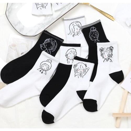 Cute casual women couple short cotton socks white black cartoon fashion ladies striped happy fun cute spring and summer socks