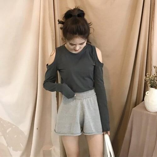 MOYISU Spring and Autumn New Women Tops Hollow Shoulder Sexy T-shirt Round Neck Long Sleeve Tops Loose Streetwear Knitted Tees