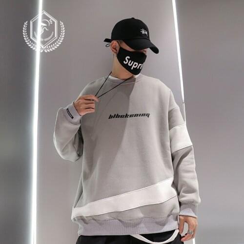 Men Fashion Loose Print Fleece Heavyweight Casual Patchwork Pullover Hip Hop Sweatshirts