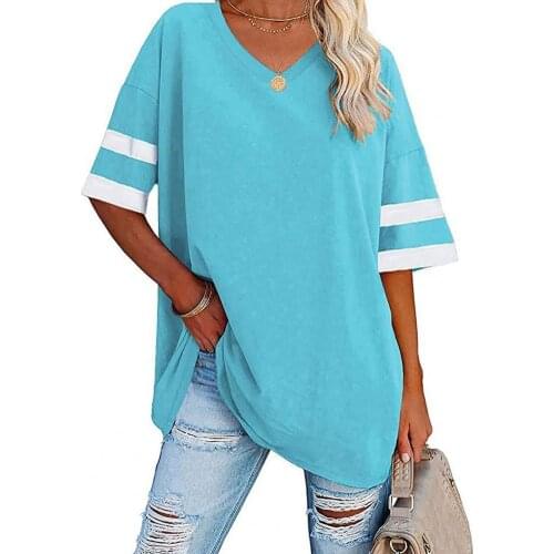 New Stylish 2021 Women Harajuku Bat T-shirt Half Sleeve V-neck Cool Color Block Thin Leisure Loose Casual Tee Top Pullover