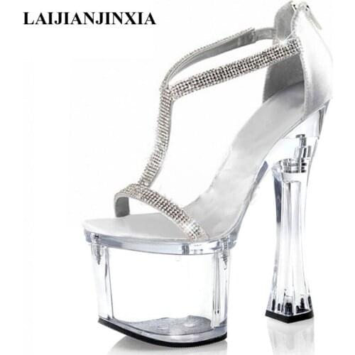 LAIJIANJINXIA New Rhinestone Pumps Open Toe Big Size Womens Sandals 18 Cm Super High Heeled Shoes Party Dress Fashion Shoes