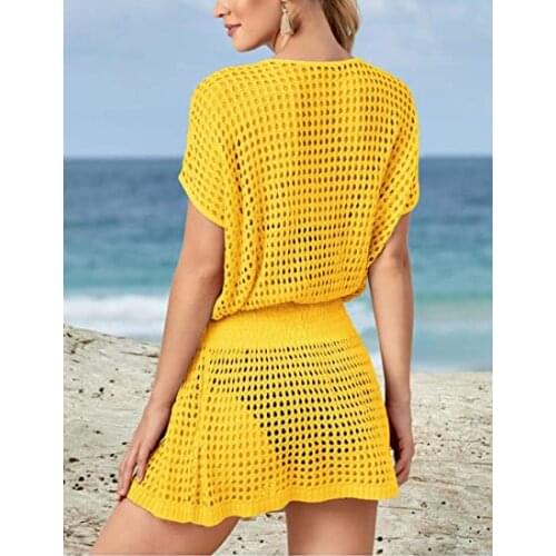New Women’s Summer Bikini Cover Up Beachwear Smocks Sexy Solid Color Knitted Cover-Ups Hollow Short Sleeve Beach Dress