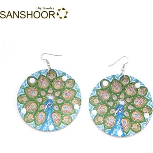 SANSHOOR New Arrival Afro Wooden Earring Printed Blue Peacock Handmade Wooden Dropping Earrings for Ladies 1 Pair