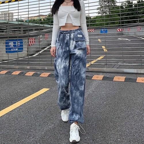 SEASONS Tie Dye Print Fashion Baggy Joggers Pants Women High Waist Loose Pocket Sweatpants Casual Hip Hop Harem Pants ASPA82054