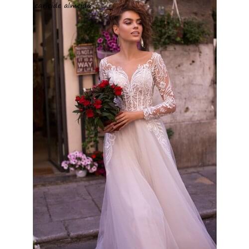 A-Line Soft Tulle Long Sleeves Bride Dress Lace Appliques Cheap Wedding Gowns 2020