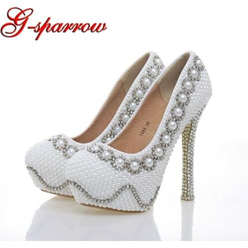 Beaded White Ivory Pearl Bride Banquet Formal Dress Shoes Women Heels Shoes Rhinestone Wedding Platform Shoes sapato feminino