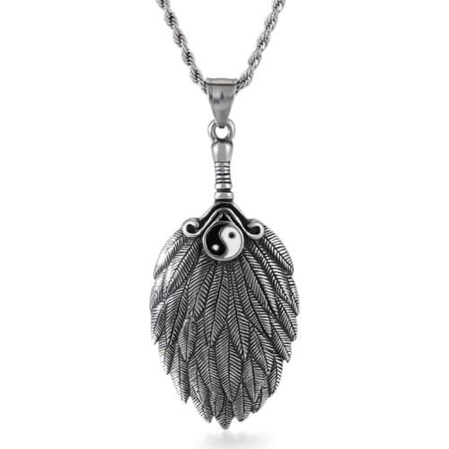 Vintage feather mens pendant titanium steel taiji gossip fan hole fan shape casting accessories