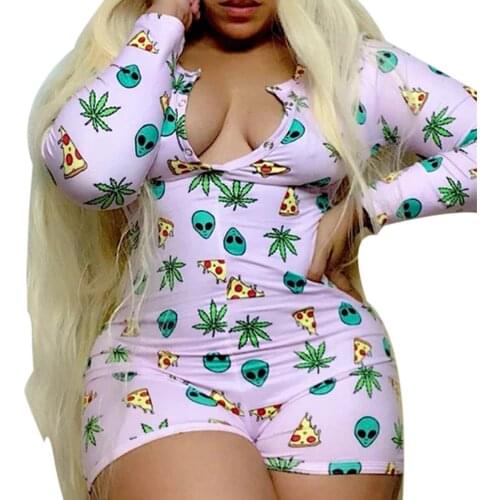 Women Colorful Printed Sleeping Clothes V-Neck Romper Lady Long Sleeve Pajamas Adult Gift for Valentines Day Party