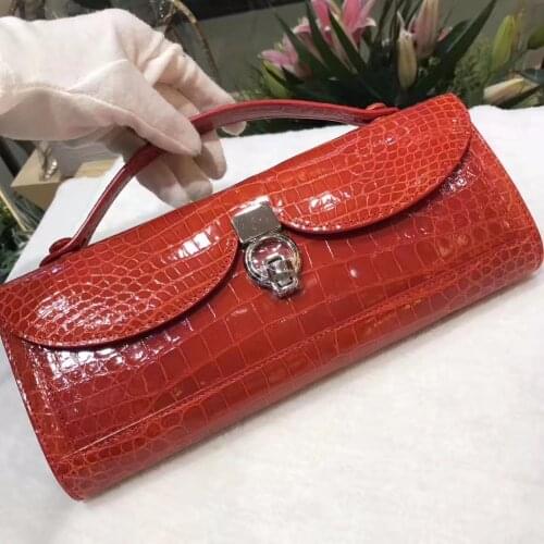 100% genuine crocodile leather skin lady long size wallets and purse, red shinny brightness alligator skin evening clutch women