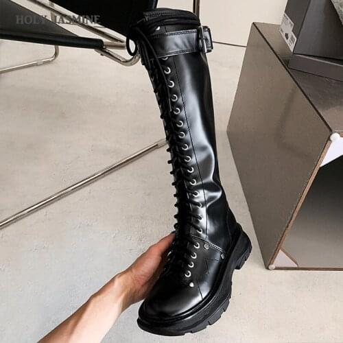 HOT Women Boots New Autumn and Winter Knee-High Motorcycle Boots Lace-Up Buckle Cross-tied Microfiber Med (3cm-5cm)