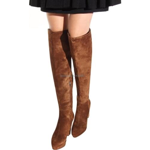 Black Brown Platform Chunky High Heel Boots Suede Round Toe Over The Knee Boots Fashion Spring Autumn Women Shoes