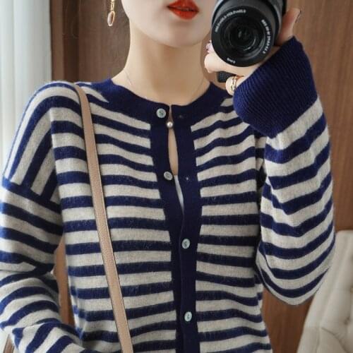 2021 Autumn/Winter Cashmere Sweater Woman O-Neck Cardigan 100% Pure Wool Casual Striped Knitted Top Plus Size Female Jacket