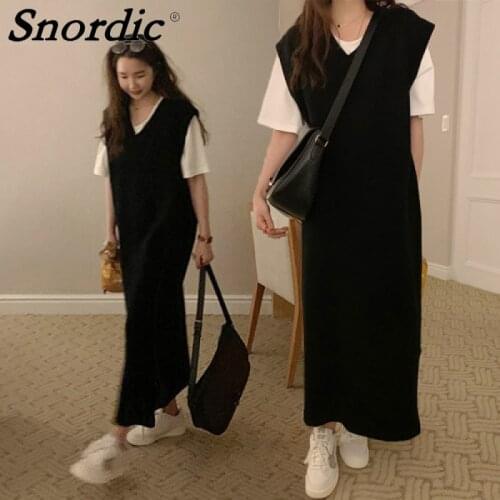 2021 Women Autumn V Neck Long Sleeveless Sweater Dress Loose Knitted Tank Dresses Maxi Pullover Jumpers