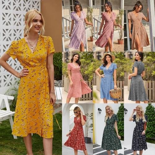 Summer Beach Pink Dress Women Floral Print Boho Long Chiffon Dress Ruffles Wrap Casual V-Neck Split Sexy Party Dress Robe Femal