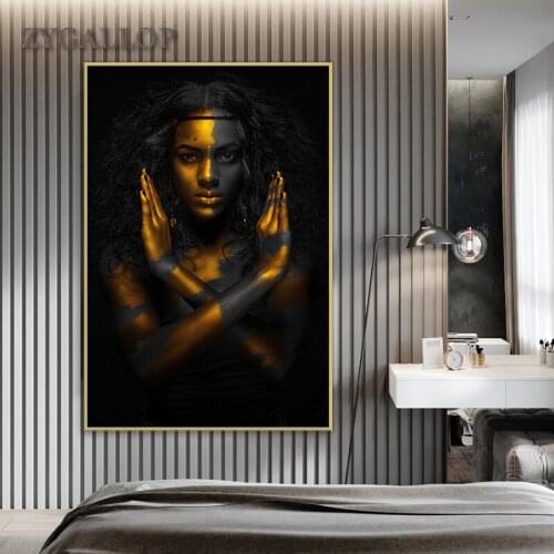 Gold Black Woman Canvas Painting African Art Woman Posters Modern Paintings for Living Room Wall Pictures Home Decoration Cuadro