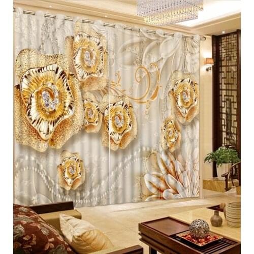3D Curtain Photo Customize Size Lace Golden Flower Diamond Curtains For Bedroom Curtains For Living Room