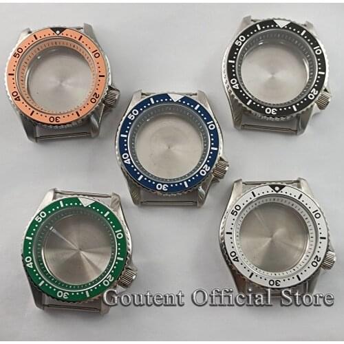 42mm Watch Case Crown at 4 o'clock sapphire glass blue/orange bezel watch chapter ring fit NH35 NH36 movement